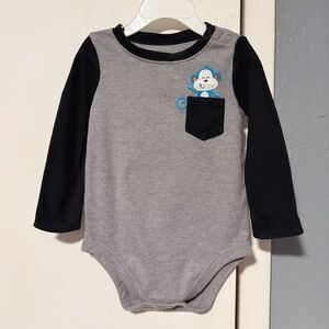 Gray and Black Long Sleeve Baby Onesie with Monkey Design